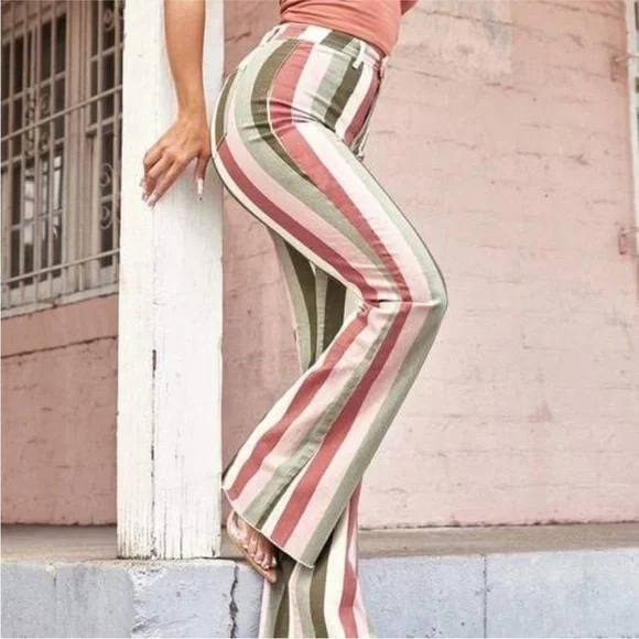 Valentina High Rise Flare Mauve Multi Striped Raw Hem Jeans size 5/27 - Picture 7 of 8
